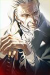  1boy beard black_suit close-up coat facial_hair golden_kamuy grey_eyes highres hijikata_toshizou_(golden_kamuy) holding holding_sword holding_weapon katana long_hair long_sleeves looking_to_the_side male_focus old old_man smile solo sunlight sword thick_eyebrows upper_body w55674570w weapon white_hair wrinkles 