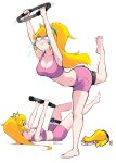  1girl blonde_hair breasts cleavage crown exercise highres joakimwaller joy-con leg_up mario_(series) mini_crown nintendo pink_sports_bra ponytail pose princess_peach ring-con ring_fit_adventure short_shorts shorts simple_background sports_bra standing standing_on_one_leg super_mario_bros. sweat yoga 