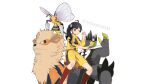  1girl ;) ahoge araragi_karen arcanine bangs beedrill black_hair black_shirt black_stripes blush closed_mouth crossover egg_hair_ornament fangs fangs_out food_themed_hair_ornament fooring gen_1_pokemon gen_8_pokemon hair_ornament hood hooded_track_jacket jacket kneehighs legendary_pokemon long_hair long_sleeves monogatari_(series) nisemonogatari one_eye_closed pokemon pokemon_(creature) pose red_legwear shirt shorts side_ponytail simple_background smile track_jacket twitter_username urshifu watermark white_background yellow_jacket yellow_shorts 