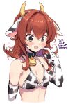  1girl ahoge animal_ears animal_print arashi_(kantai_collection) artist_name bikini bikini_top breasts commentary_request cow_ears cow_horns cow_print dated elbow_gloves fake_animal_ears fake_horns gloves grey_eyes horns kantai_collection medium_hair odawara_hakone red_hair simple_background small_breasts solo swimsuit white_background white_bikini white_gloves 