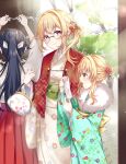  3girls arms_up bangs black-framed_eyewear black_hair blonde_hair blush bow checkered closed_mouth eyebrows_visible_through_hair flower fringe_trim glasses green_eyes hair_between_eyes hair_bow hair_bun hair_flower hair_intakes hair_ornament hakama holding japanese_clothes kimono long_hair long_sleeves mashiro_aa miko multiple_girls obi omikuji open_mouth original ponytail profile red_bow red_eyes red_hakama round_eyewear sash shide smile white_flower white_kimono wide_sleeves 