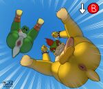  2021 absurd_res anthro anus balls bowser butt chubby_male digital_media_(artwork) duo falling genitals green_yoshi hair hi_res humanoid_genitalia humanoid_penis looking_at_viewer male mario_bros musclegut nintendo nude pecs penis simple_background sky slightly_chubby smile super_smash_bros. timidwithapen video_games yoshi 