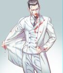  1boy alternate_costume black_eyes black_hair blood bloody_clothes bloody_hands buttons closed_eyes collared_jacket cravat european_clothes facial_hair feet_out_of_frame formal golden_kamuy hair_slicked_back hair_strand head_tilt male_focus ogata_hyakunosuke pants scar scar_on_cheek scar_on_face short_hair solo stubble suit undercut undressing vest w55674570w white_pants white_suit white_vest 