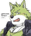  anthro blush canid canine canis dog_tags english_text fur green_body green_fur hi_res live-a-hero male mammal muscular muscular_anthro muscular_male pecs rotsw solo text wolf wolf_villain_(live-a-hero) 