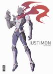  absurdres digimon english_commentary faceless floating helmet highres justimon looking_ahead mecha mechanical_arm no_humans open_hand open_hands redesign setodra solo white_background 