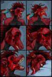  absurd_res anthro blood bodily_fluids brainfuck cock_and_ball_torture comic dreadlocks drill exposed_brain eyefuck furx_(character) genital_torture genitals gore hi_res kolkolukija lizard male penectomy penis red_body reptile scalie screaming skullfuck solo teeth yellow_eyes 