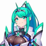  1girl bangs breasts chest_jewel earrings green_eyes green_hair highres hksicabb jewelry large_breasts long_ponytail looking_at_viewer pneuma_(xenoblade) ponytail sidelocks simple_background smile solo swept_bangs tiara white_background xenoblade_chronicles_(series) xenoblade_chronicles_2 
