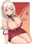  1girl apron azur_lane belfast_(piping-hot_perfection)_(azur_lane) blush breasts cleavage hair_between_eyes highres large_breasts looking_at_viewer neckwear_between_breasts red_apron red_eyes renzu_(lens_02) short_hair sirius_(azur_lane) smile solo thick_thighs thighs waitress white_hair 