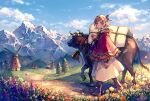  1girl akagi_shun bangs bell boots brown_footwear bull chinese_zodiac cloak cloud covered_wagon cowbell day dirt_road field flower grass hair_ribbon head_wreath hood hooded_cloak looking_at_viewer looking_to_the_side mountain mountainous_horizon original outdoors path red_cloak ribbon road short_hair skirt smile solo standing tree white_skirt windmill year_of_the_ox 
