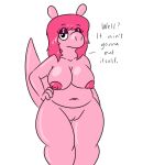  alisa_(dante) anthro big_breasts breasts dialogue female hair hands_on_hips pink_body pink_hair pink_skin solo 