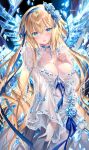  1girl bangs blonde_hair blue_eyes blush breasts cleavage crystal dress fate/apocrypha fate_(series) flower hair_flower hair_ornament highres jeanne_d&#039;arc_(fate) jeanne_d&#039;arc_(fate)_(all) kousaki_rui large_breasts long_hair long_sleeves looking_at_viewer parted_lips very_long_hair white_dress 