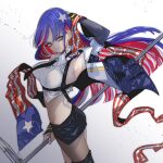  1girl american_flag anno88888 arm_up bangs black_neckwear black_skirt blue_eyes blue_hair breasts closed_mouth commentary_request eyebrows_visible_through_hair flag gradient gradient_background highres holding holding_flag jacket kantai_collection large_breasts long_hair long_sleeves looking_at_viewer multicolored_hair necktie red_hair shirt simple_background single_leg_pantyhose skirt sleeveless sleeveless_shirt solo south_dakota_(kantai_collection) star_(symbol) white_hair white_shirt 