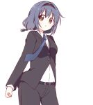  1girl :o arm_at_side arm_behind_back bangs belt black_hairband black_jacket black_pants black_suit blue_hair blue_neckwear braid breasts brown_eyes business_suit clenched_hand collared_shirt commentary cowboy_shot eyebrows_visible_through_hair formal furutani_himawari hairband highres jacket long_sleeves looking_at_viewer mesushio necktie pant_suit pants shirt short_hair simple_background solo standing suit white_background white_shirt yuru_yuri 