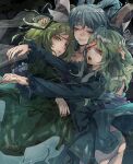  3girls ass bangs black_headwear black_ribbon blue_eyes blue_hair character_request closed_mouth commentary_request cowboy_shot dress eichi_2 fingernails frilled_dress frilled_sleeves frills ghost_tail green_dress green_eyes green_hair group_hug hair_between_eyes hair_ornament hair_rings hair_stick half-closed_eyes hand_on_another&#039;s_head hands_up hat hat_ribbon highres hug juliet_sleeves kaku_seiga long_fingernails long_sleeves looking_at_viewer medium_hair multiple_girls ofuda open_mouth orange_eyes outstretched_arms panties puffy_sleeves ribbon sharp_fingernails shawl short_hair sidelocks smile soga_no_tojiko tate_eboshi teeth touhou underwear upskirt zombie 