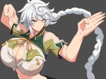  2girls absurdres asymmetrical_hair bare_shoulders braid braided_ponytail breasts cleavage cleavage_cutout clothing_cutout cloud_print commentary_request fighting_stance g_gundam grey_background gundam highres huge_breasts kantai_collection kloah long_hair master_asia midriff multiple_girls pose silver_hair simple_background single_braid solo_focus unryuu_(kantai_collection) upper_body very_long_hair yellow_eyes 