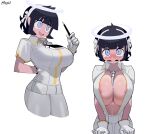  1girl angel areola_slip areolae azazel_(helltaker) balancing bangs between_breasts black_hair blue_eyes blush breasts cropped_legs firstw1 gloves hair_ribbon halo helltaker huge_breasts left-handed looking_at_viewer mouth_hold multiple_views no_bra notebook object_on_breast open_mouth pants pen ribbon shirt short_hair short_sleeves simple_background smile tawawa_challenge white_background white_gloves white_pants white_shirt 