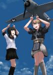  2girls aircraft aircraft_request airplane black_eyes black_hair black_sailor_collar black_shirt black_skirt blue_sky boots brown_hair cloud commentary_request day feet_out_of_frame fubuki_(kantai_collection) grey_skirt highres hitokoe index_fingers_raised intrepid_(kantai_collection) kantai_collection long_hair low_ponytail multicolored_neckwear multiple_girls neck_pillow neckerchief outdoors parody pleated_skirt ponytail remodel_(kantai_collection) sailor_collar shibafu_(glock23)_(style) shirt short_hair short_ponytail sidelocks skirt sky standing style_parody 