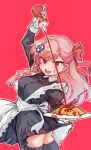  1girl aningay apron black_dress black_legwear braid dress food girls_frontline gloves hair_ornament hair_ribbon highres ketchup ketchup_bottle long_hair long_sleeves looking_at_viewer maid negev_(girls_frontline) omurice open_mouth pink_hair plate red_background red_eyes ribbon simple_background solo thighhighs white_apron white_gloves 