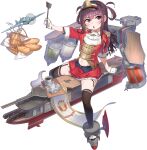  1girl :o aircraft artist_request ascot baguette bangs basket black_legwear blue_oath blush braid bread epaulettes eyebrows_visible_through_hair flight_deck food french_braid frilled_skirt frills garter_straps gloves hat highres holding long_hair military military_uniform navel official_art open_mouth red_eyes red_hair rigging sitting skirt solo sparviero_(blue_oath) thighhighs transparent_background uniform visor_cap white_gloves 