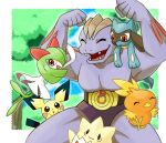  1boy 1girl ^_^ arms_up artist_name bangs belt bikini_briefs blue_sky blush_stickers border brown_eyes clenched_hands closed_eyes closed_mouth cloud collarbone colored_skin commentary_request day fangs flexing gen_1_pokemon gen_2_pokemon gen_3_pokemon gen_4_pokemon green_hair green_skin hair_over_one_eye hanging_on_arm happy highres jumping kirlia legs_apart long_hair looking_down machoke male_underwear multicolored multicolored_skin muscular muscular_male on_shoulder open_mouth outdoors outline outside_border pectorals pichu pokemon pokemon_(creature) pokemon_on_shoulder pose purple_skin red_eyes riolu rorosuke signature sky smile thick_thighs thighs togepi torchic tree two-tone_skin underwear white_border white_skin 