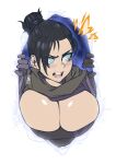  1girl absurdres alternate_breast_size apex_legends aurahack black_gloves black_hair blue_eyes breasts cleavage commentary gloves hair_bun highres huge_breasts large_breasts long_hair simple_background solo tied_hair upper_body white_background wraith_(apex_legends) 
