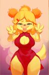 absurd_res animal_crossing anthro big_breasts breasts canid canine canis cleavage clothed clothing corona-chan cute_face domestic_dog dress female hi_res isabelle_(animal_crossing) mammal molasteak nintendo solo tongue tongue_out video_games wide_hips 