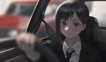  1girl asymmetrical_hair black_eyes black_hair black_neckwear blurry blurry_background blurry_foreground car_interior chainsaw_man closed_mouth collared_shirt commentary_request driving formal hair_ornament hairclip higashiyama_kobeni highres litra_(ltr0312) looking_at_viewer medium_hair mole mole_under_eye mole_under_mouth necktie ponytail seatbelt shirt sitting smile solo steering_wheel suit white_shirt 