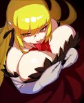  1girl absurdres bare_shoulders black_ribbon blonde_hair blood breasts cleavage dress elbow_gloves from_above gloves hair_ribbon highres huge_breasts kiss-shot_acerola-orion_heart-under-blade kizumonogatari long_hair looking_at_viewer looking_up monogatari_(series) naze pointy_ears red_dress ribbon slit_pupils solo very_long_hair white_gloves yellow_eyes 