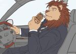  2008 5_fingers anthro beverage bottomwear brown_mane business_suit car clothing coffee day digital_media_(artwork) drinking driving felid fingers fur holding_object humanoid_hands inside_car jacket kedama kemono lexus_(car) lion male mammal mane necktie pantherine pants shirt sitting solo straw suit tan_body tan_fur topwear vehicle yellow_eyes 