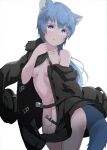  1girl animal_ears bangs black_clothes blue_hair blue_tail blush bottomless breasts covered_nipples floating_clothes highres holding looking_at_viewer mikisai original pout pulled_by_self purple_eyes short_hair sidelocks small_breasts solo tail 
