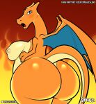  big_butt biped breasts butt charizard digital_media_(artwork) dragon female fire hi_res looking_at_viewer looking_back membrane_(anatomy) membranous_wings nintendo nude open_mouth pok&eacute;mon pok&eacute;mon_(species) scalie simple_background solo spaca text url video_games wings 