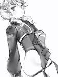  1girl alice_gear_aegis blush closed_mouth cowboy_shot cropped_jacket dutch_angle greyscale hand_on_hip highres kotomura_akane long_sleeves looking_at_viewer low_twintails medium_hair monochrome nanashi_(nlo) simple_background solo standing twintails white_background 