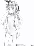  1girl blush bow bow_hairband closed_mouth completely_nude flat_chest greyscale hair_bow hairband highres kneeling long_hair looking_at_viewer monochrome mononobe_alice nanashi_(nlo) navel nijisanji nipples nude pussy simple_background solo white_background 