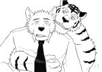  2007 anthro barazoku canid canine canis clothing duo felid hug hugging_from_behind humanoid_hands kedama kemono male male/male mammal monochrome necktie pantherine shirt simple_background tiger topwear white_background wolf 