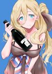  1girl bare_arms bare_shoulders blonde_hair blue_background blue_eyes blush bottle breasts closed_mouth collarbone highres holding holding_bottle kantai_collection komb large_breasts long_hair looking_at_viewer mole mole_under_eye mole_under_mouth richelieu_(kantai_collection) simple_background smile solo upper_body 