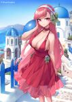  1girl bangs blunt_bangs blurry blurry_background breasts character_request choker cleavage closed_mouth depth_of_field dress hairband halterneck highres large_breasts long_hair oopartz_yang outdoors pink_eyes pink_hair red_dress smile solo standing very_long_hair you_can_eat_the_girl 