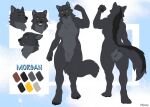  abstract_background anthro black_claws black_eyes black_nose black_pawpads blue_background breasts butt canid canine canis claws digitigrade english_text eyes_closed fangs featureless_breasts featureless_crotch female fist flynx-flink fur grey_body grey_fur headshot_portrait inner_ear_fluff looking_aside looking_down looking_up mammal markings model_sheet morgan_(mowolf) navel neck_tuft nude open_mouth pawpads portrait raised_arm signature simple_background smile smug solo standing teeth text tuft wolf yellow_sclera 