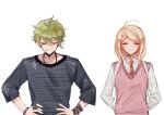 1boy 1girl ahoge akamatsu_kaede amami_rantarou arms_behind_back bangs blonde_hair blush closed_eyes collarbone commentary_request danganronpa_(series) danganronpa_v3:_killing_harmony facing_viewer green_hair grin hair_ornament hands_on_hips jewelry long_sleeves messy_hair musical_note musical_note_hair_ornament necklace necktie raonal97 shirt short_hair simple_background smile sweater_vest upper_body white_background white_shirt 