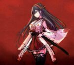  1girl black_hair boots commentary_request cowboy_shot detached_sleeves gradient gradient_background hair_ornament hairband hairclip haruna_(kantai_collection) headgear japanese_clothes kantai_collection long_hair profile red_background red_skirt ribbon-trimmed_sleeves ribbon_trim skirt solo standing sword thigh_boots thighhighs weapon wss_(nicoseiga19993411) 