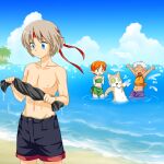  2boys 2girls beach bikini black_shorts blue_eyes blue_sky blush_stickers brown_hair cat cat_boy chiepoo closed_eyes collarbone dark_skin day elf facial_mark forehead_mark gensou_suikoden gensou_suikoden_iv green_bikini green_eyes ham_pon headband highres jewel_(suikoden) lazlo midriff multiple_boys multiple_girls navel ocean orange_hair orange_shirt outdoors partially_submerged paula_(suikoden) pointy_ears purple_shorts red_headband shirt shorts sky sleeveless sleeveless_shirt splashing sweatdrop swimsuit water wringing_clothes 