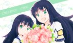 2girls :d aoji_(pixiv951678) black_hair bouquet commentary_request dress dual_persona flower gensou_suikoden gensou_suikoden_iii green_eyes long_hair looking_at_viewer multiple_girls open_mouth pink_flower pink_rose rose smile translation_request upper_body viki_(suikoden) white_dress younger 