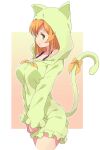  1girl animal_hood breasts cat_hood cat_tail green_eyes green_hood green_pajamas highres hinatsuki_mikan hood large_breasts looking_at_viewer machikado_mazoku mel_(melty_pot) orange_hair short_hair solo tail 