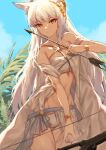  1girl :/ absurdres animal_ear_fluff animal_ears arknights arrow_(projectile) bangs bare_shoulders bikini blunt_bangs bow_(weapon) breasts cowboy_shot criss-cross_halter crossbow eyebrows_visible_through_hair gold halterneck highres horse_ears laurel_crown long_hair looking_at_viewer midriff molyb official_alternate_costume orange_eyes palm_leaf platinum_(arknights) platinum_(sunny_dew)_(arknights) silver_hair small_breasts solo standing swimsuit thighs tropical very_long_hair weapon white_bikini 