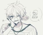  1boy ;) amami_rantarou bangs danganronpa_(series) danganronpa_v3:_killing_harmony eyebrows_visible_through_hair flower flower_in_mouth hand_on_own_cheek hand_on_own_face jewelry looking_at_viewer male_focus messy_hair mouth_hold necklace one_eye_closed open_mouth raonal97 rose saihara_shuuichi shirt sketch smile solo_focus spoken_character striped striped_shirt upper_body 
