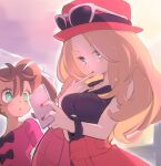  2girls blue_eyes breasts brown_hair chorimokki dark_skin dark_skinned_female green_eyes hat long_hair multiple_girls nail_polish open_mouth pokemon pokemon_(game) pokemon_xy quad_tails serena_(pokemon) shauna_(pokemon) skirt sleeveless twintails 