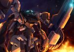  blue_eyes clenched_hand embers explosion fire gamiani_zero glowing glowing_eyes highres looking_up mark_vier mecha no_humans science_fiction shoulder_cannon solo soukyuu_no_fafner 