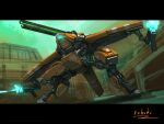  arm_cannon bottoms1237 firing flying from_below glowing highres mecha no_humans original railgun science_fiction solo visor weapon wings 