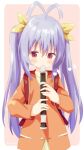 1girl antenna_hair backpack bag blush brown_background brown_jacket brown_shirt closed_mouth commentary_request eighth_note hair_ribbon highres holding holding_instrument instrument jacket long_hair looking_at_viewer miyauchi_renge music musical_note nakkar non_non_biyori playing_instrument purple_hair randoseru recorder ribbon shirt solo twintails two-tone_background upper_body very_long_hair white_background yellow_ribbon 