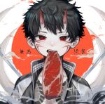  1boy absurdres black_hair cloud facial_mark food highres hisame_mon horns looking_at_viewer male_focus meat mouth_hold oni oni_horns open_mouth original red_eyes red_horns shadow short_hair solo 