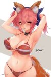  1girl animal_ear_fluff animal_ears armpits arms_up bangs bikini blush bow breasts choker cleavage fate/extra fate/grand_order fate_(series) fox_ears fox_girl fox_tail hair_bow highres large_breasts long_hair looking_at_viewer navel open_mouth pink_bikini pink_hair ribbon_choker simple_background solo swimsuit swimwear tail tamamo_(fate)_(all) tamamo_no_mae_(fate) toyoman tying_hair white_background yellow_eyes 